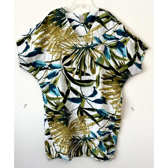 Chicos Linen Dress‎ Sz 1 Medium Green Tropical Lagenlook Boho Cover Up - Picture 1 of 7